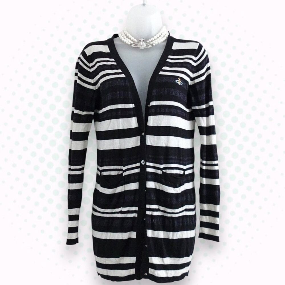 Vivienne Westwood Red Label Navy Black & White Striped Orb Logo Cardigan Size XS